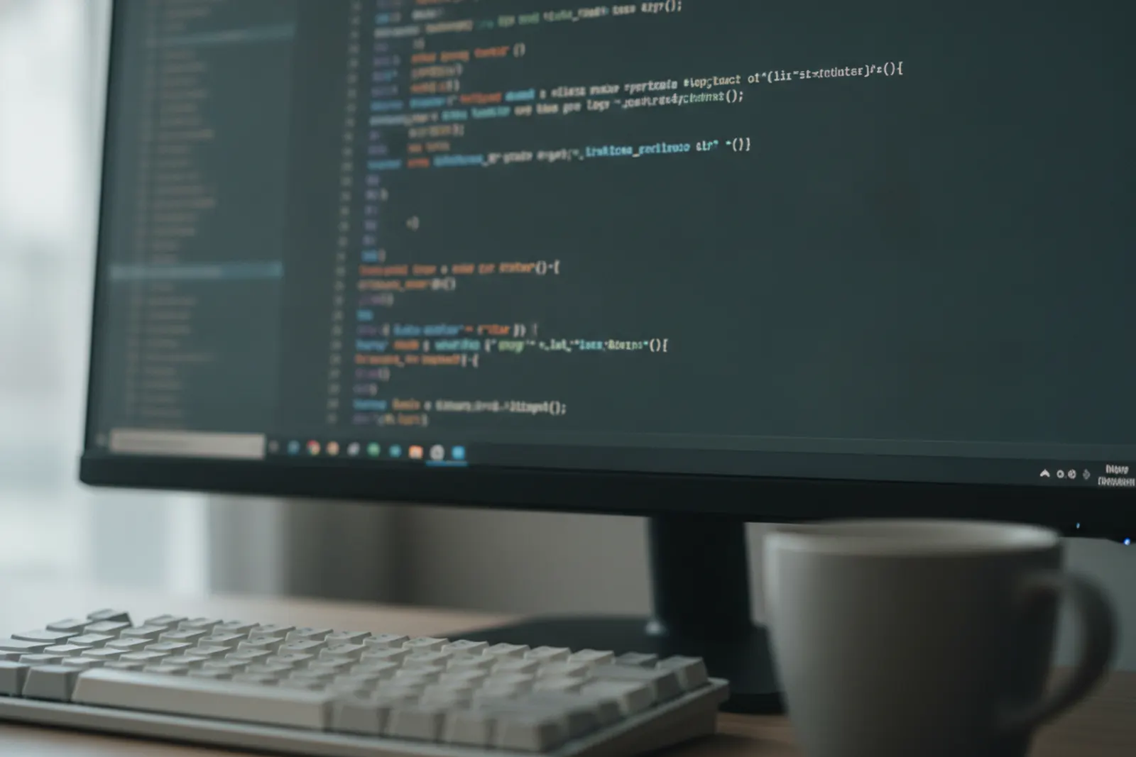Close-up of a monitor showing source code in a dark editor