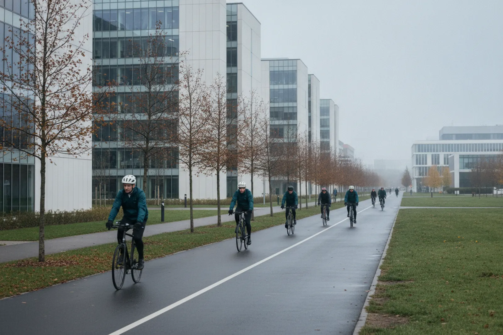 People cycling along a shared path past modern research buildings on an autumn morning