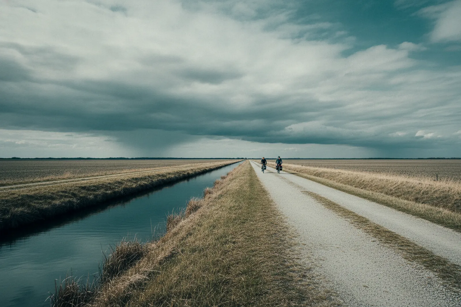 Flat fenland landscape with a straight drove, a drainage channel and distant cyclists under a wide sky