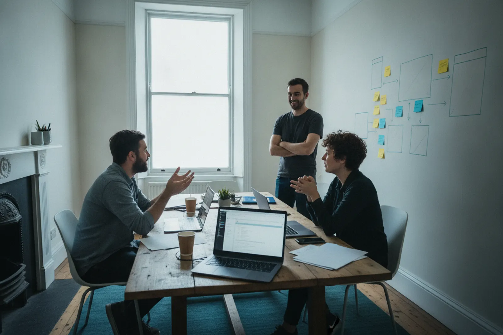 Three people discussing a project around a table in a small terraced-house office