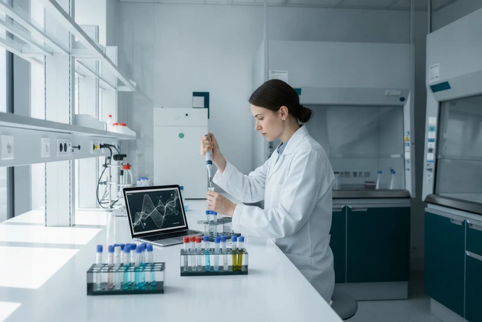 Scientist at a laboratory bench with pipettes and a laptop showing a chart