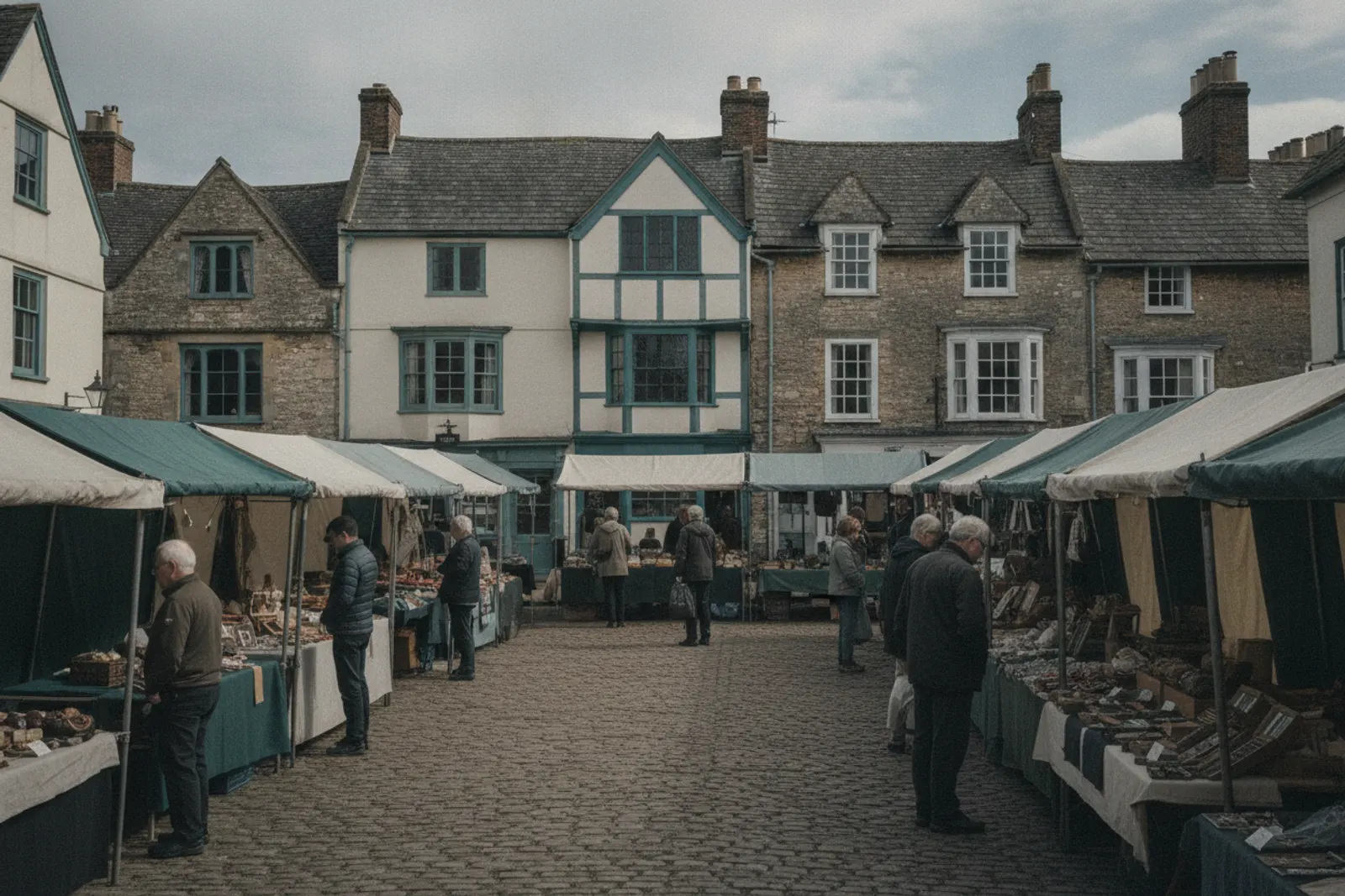 Historic market square with covered stalls and shoppers browsing