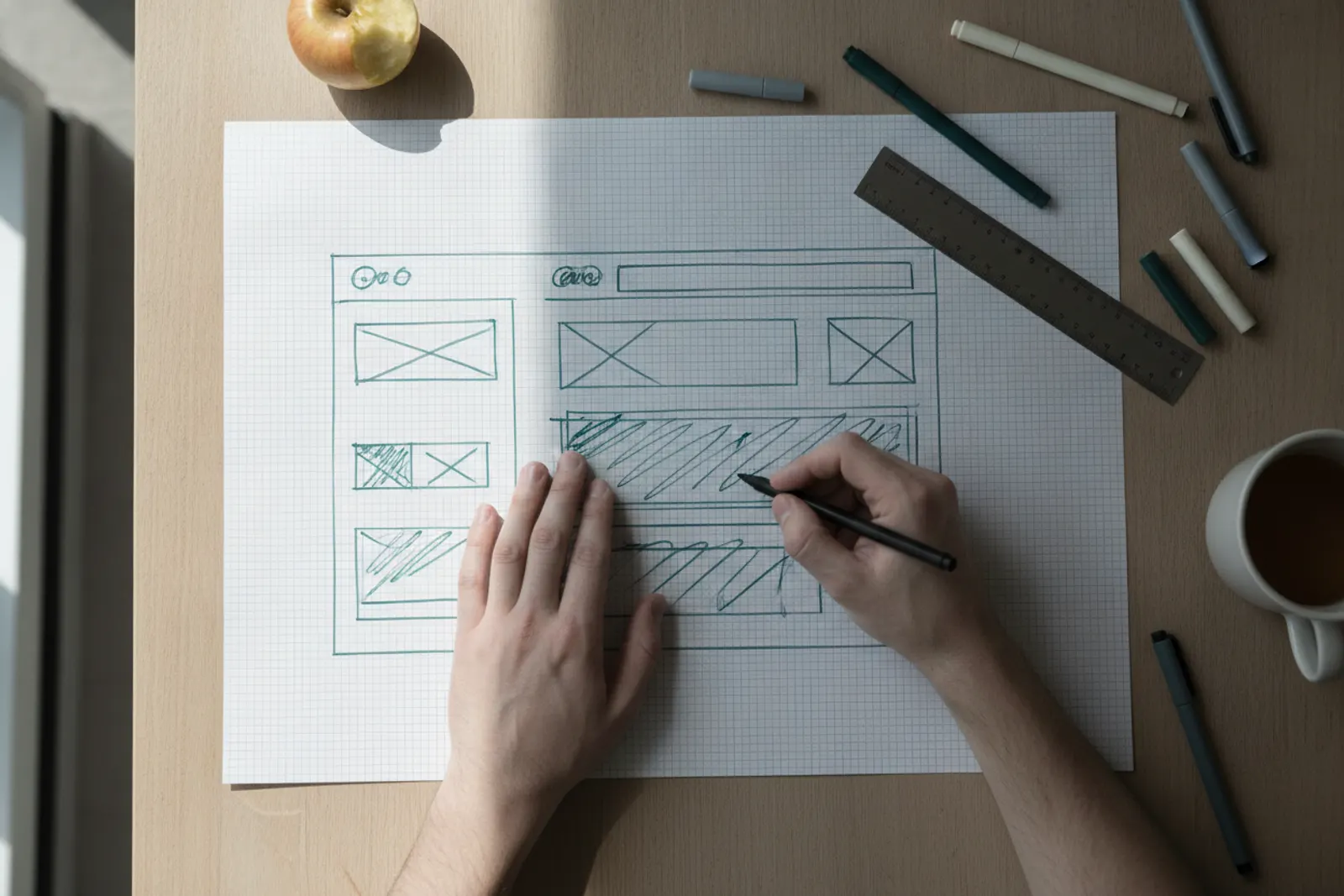 Designer sketching website wireframes on large grid paper with a ruler and pens