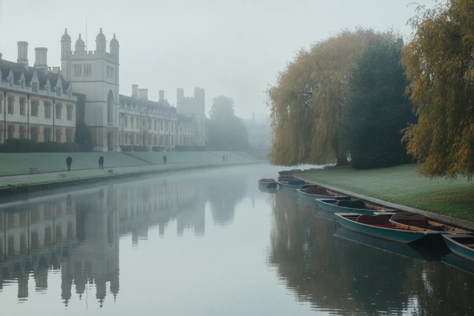 Punts moored on a misty river beside historic stone college buildings and lawns
