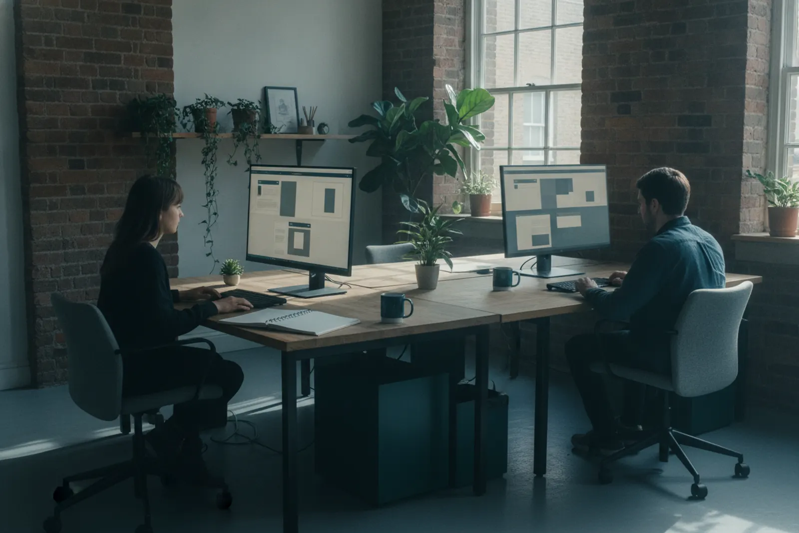 Two designers at large monitors showing grid-based website layouts in a bright studio