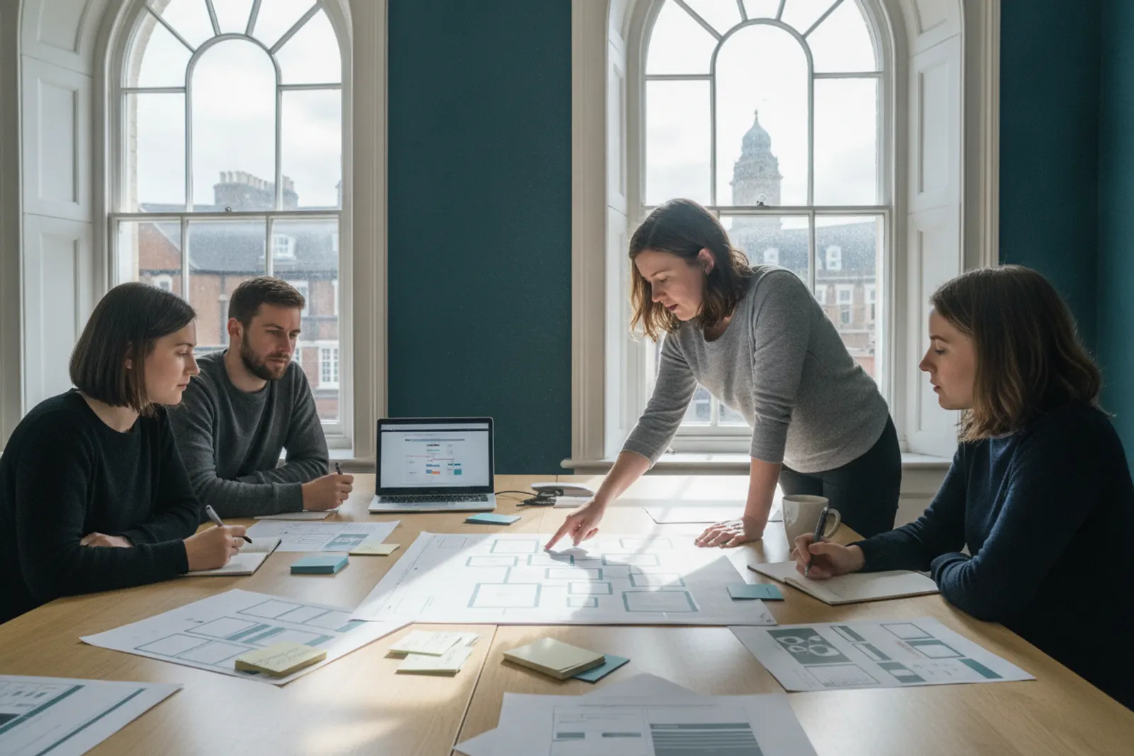 Four people in a discovery workshop around a table with printed page layouts, index cards and a sketched site map